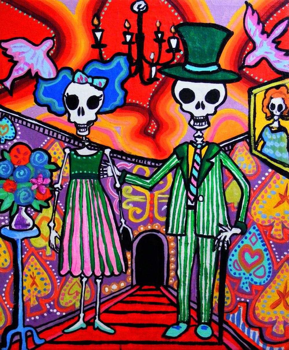 Day Of The Dead Wedding Couple - Mexican Folk Art Print - Calavera Party