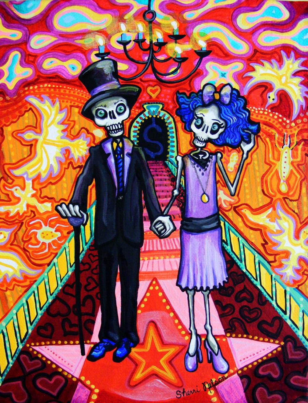Calavera Wedding - Day Of The Dead Art Print - Sugar Skull Mexican Folk Painting