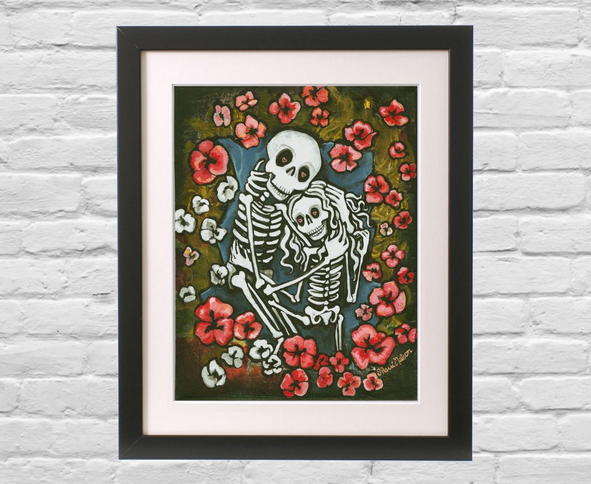 Giclee Print - Cute Calavera Poppy Field - Day Of The Dead Art - Skeleton With Hearts And Flowers Poster