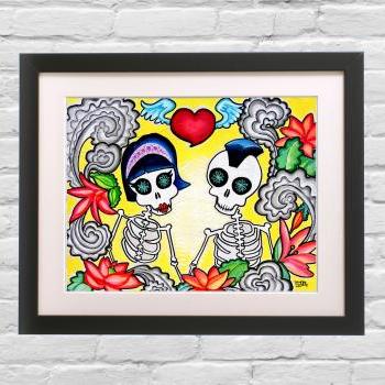 Day of the Dead Art Print - Rockabilly Punk Couple in Love - Tattoo flash Skeleton
